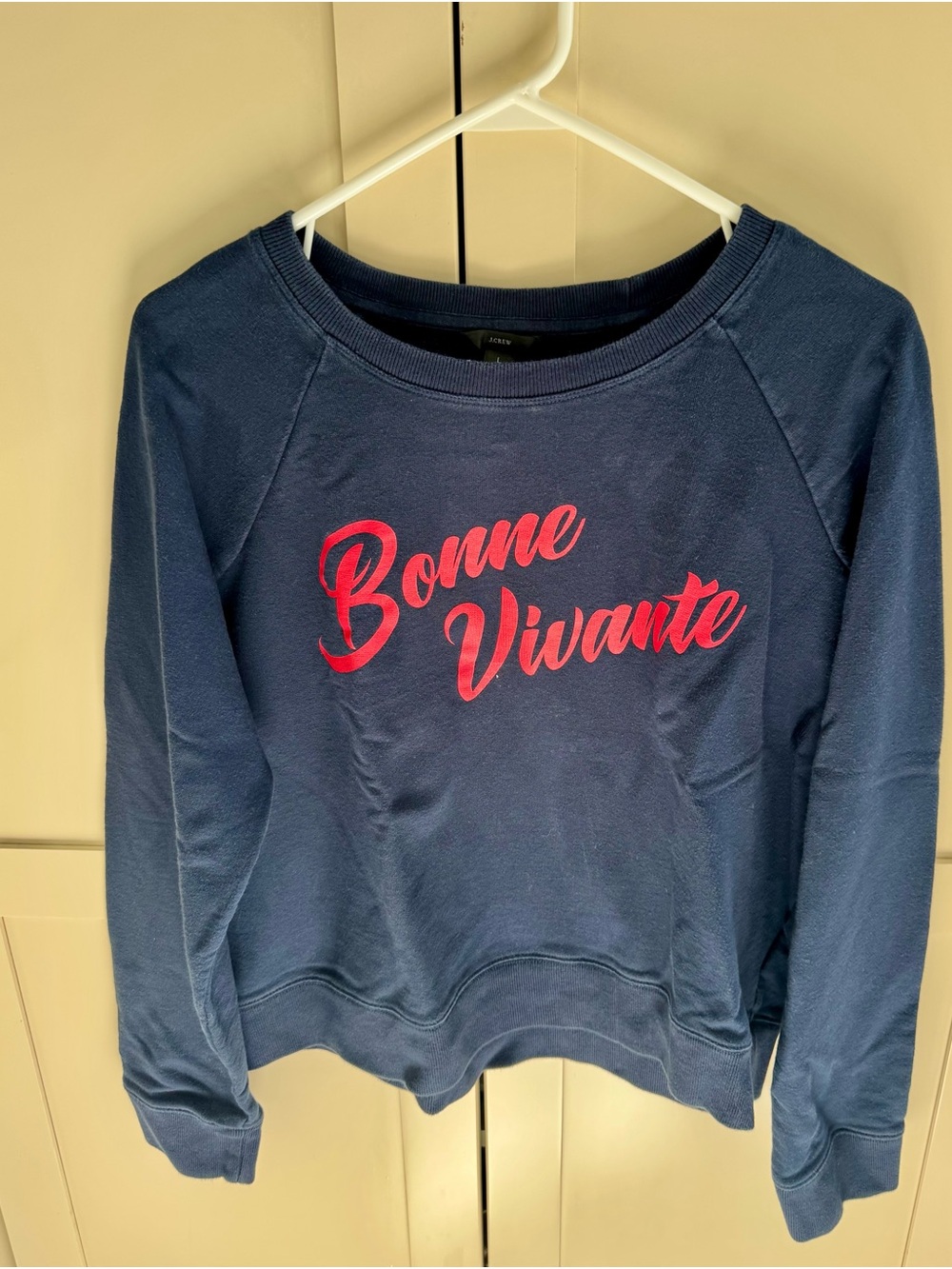 J. Crew Navy Sweatshirt with red 'Bonne Vivante' Script